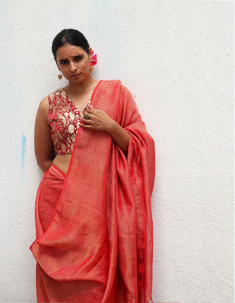 Linen saree | Linen zari saree | Linen saree online | Chidiyaa