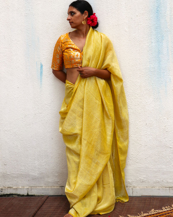 Jade Black Handwoven Linen Zari Saree - TOG