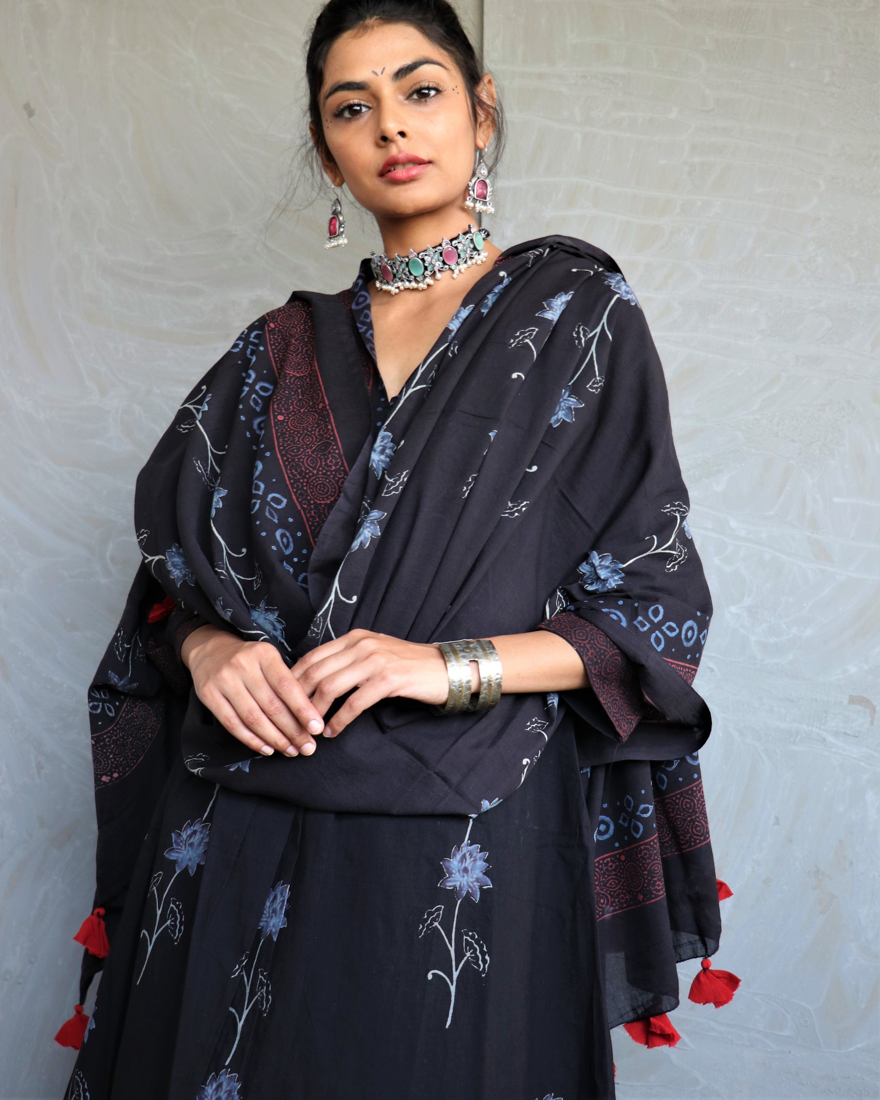 Enchanted Black Hand-Printed Pure Cotton Dupatta-Kohl