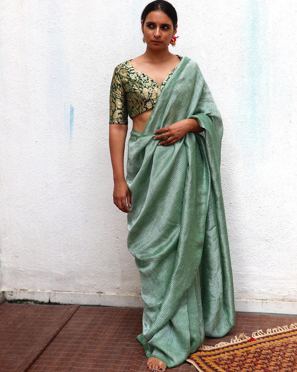 Lush Green Handwoven Linen Zari Saree - TOG