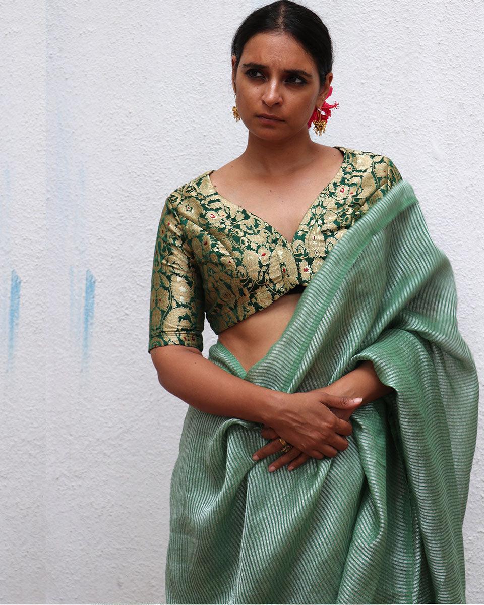 Lush Green Handwoven Linen Zari Saree - TOG