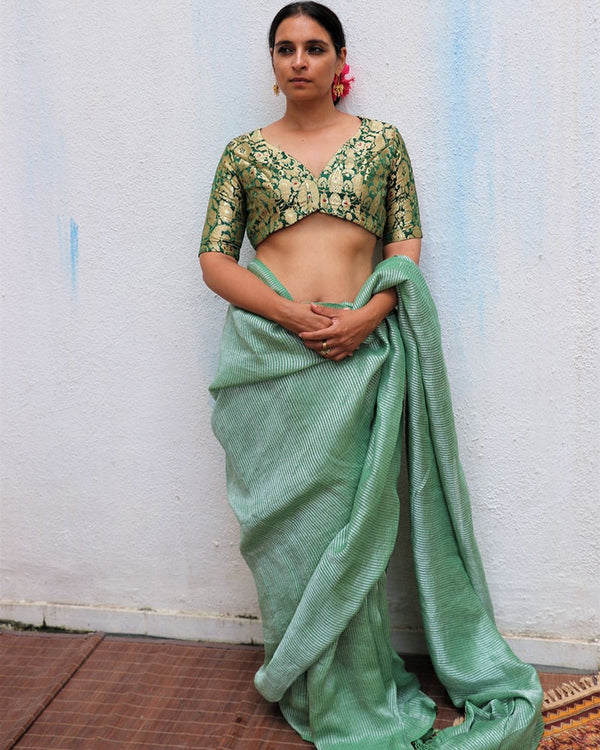 Lush Green Handwoven Linen Zari Saree with Brocade Blouse - TOG