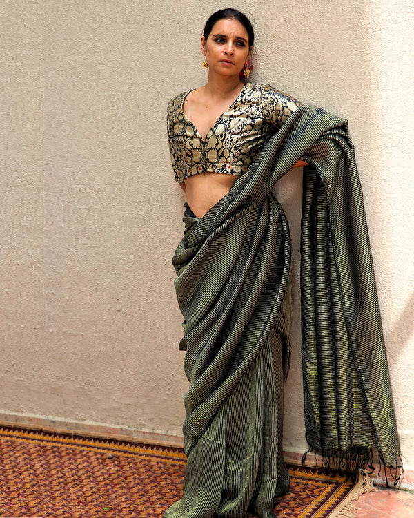 Jade Handwoven Linen Zari Saree with Brocade Blouse - TOG