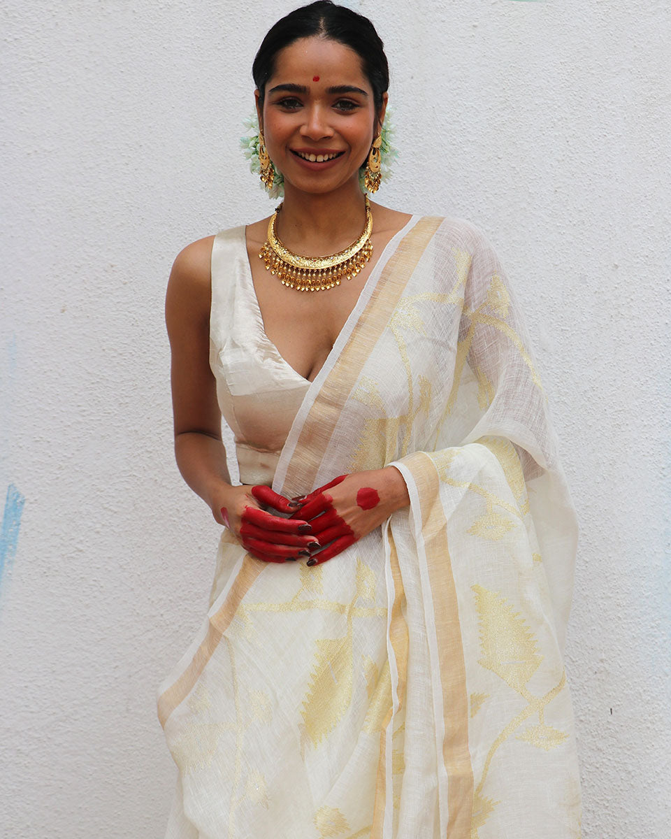 Albina Jamdani Handwoven Linen Saree