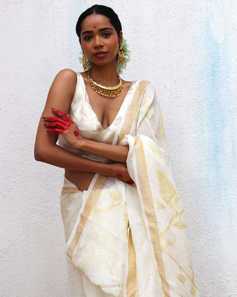 Albina Jamdani Handwoven Linen Saree