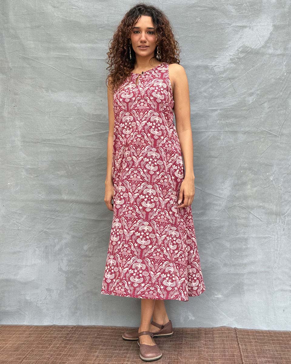 Feathered Grace Blockprinted Cotton Dress