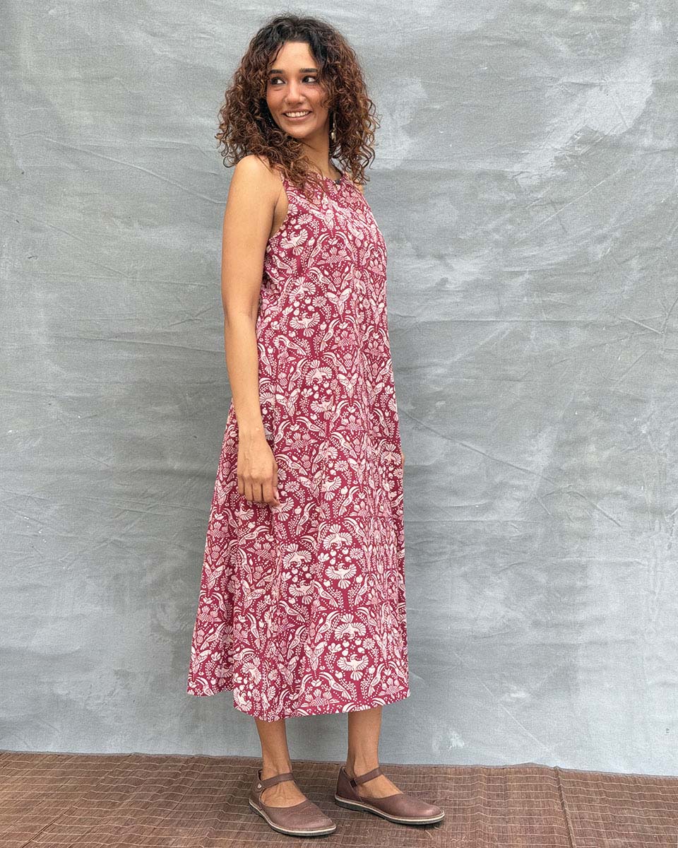 Feathered Grace Blockprinted Cotton Dress