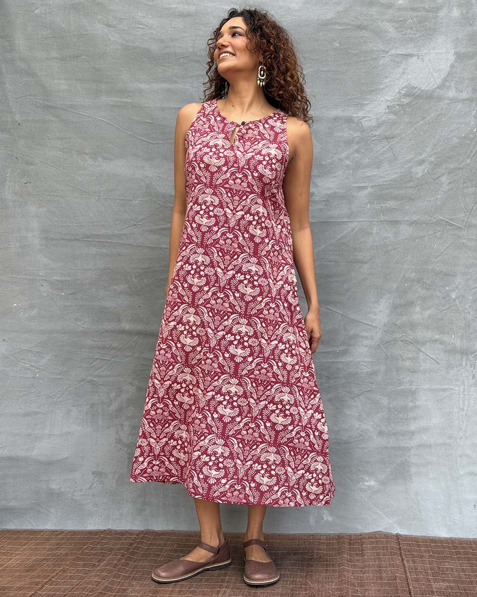 Feathered Grace Blockprinted Cotton Dress