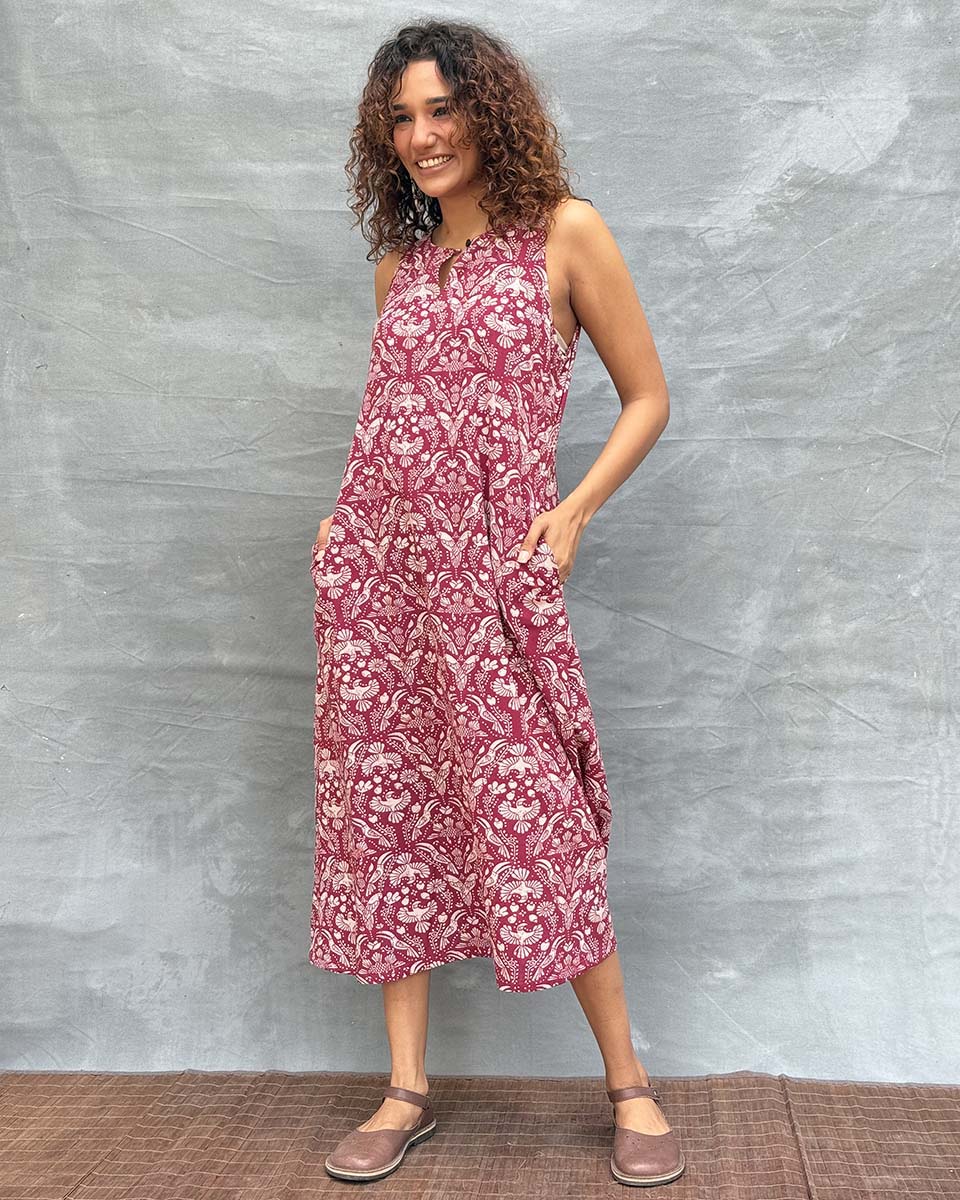 Feathered Grace Blockprinted Cotton Dress