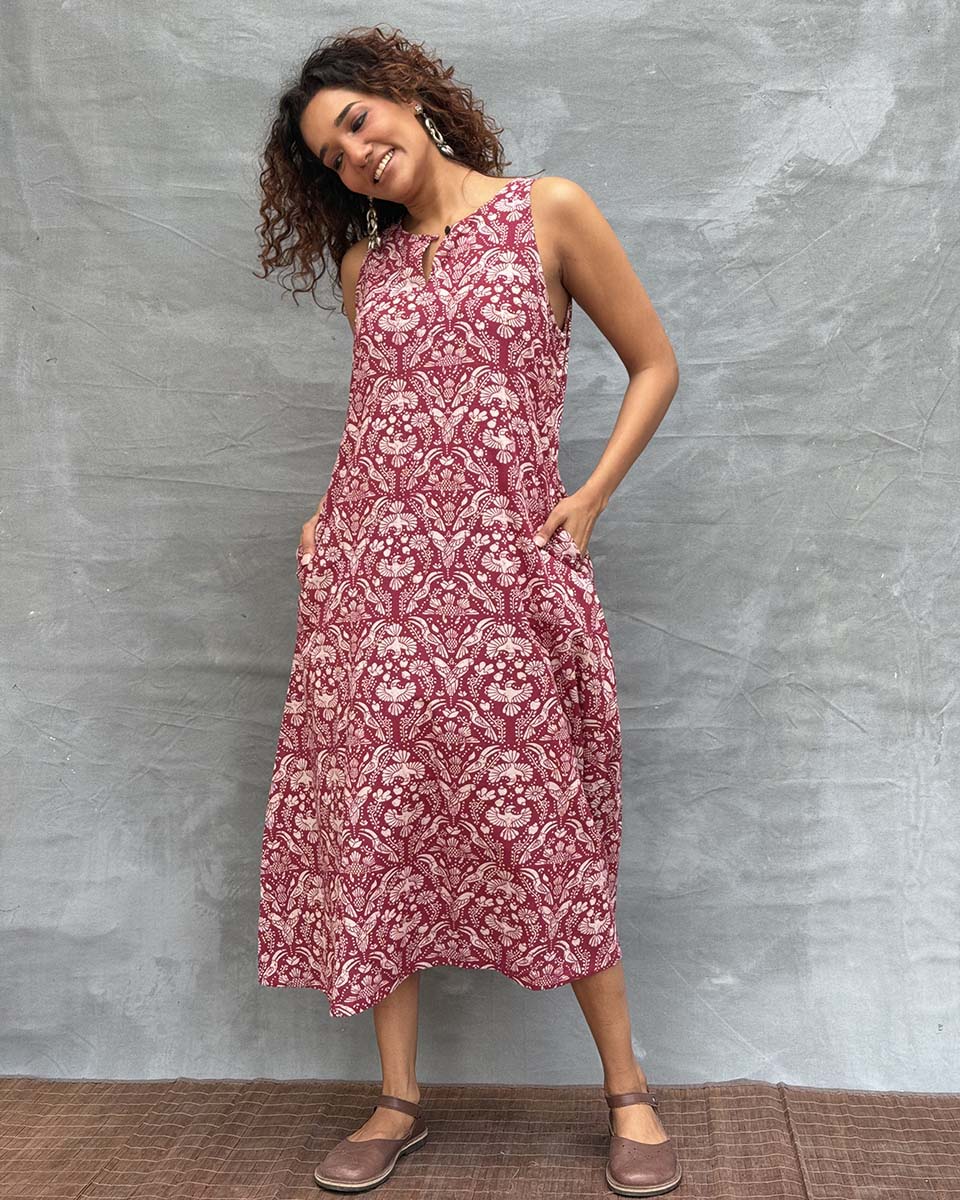 Feathered Grace Blockprinted Cotton Dress