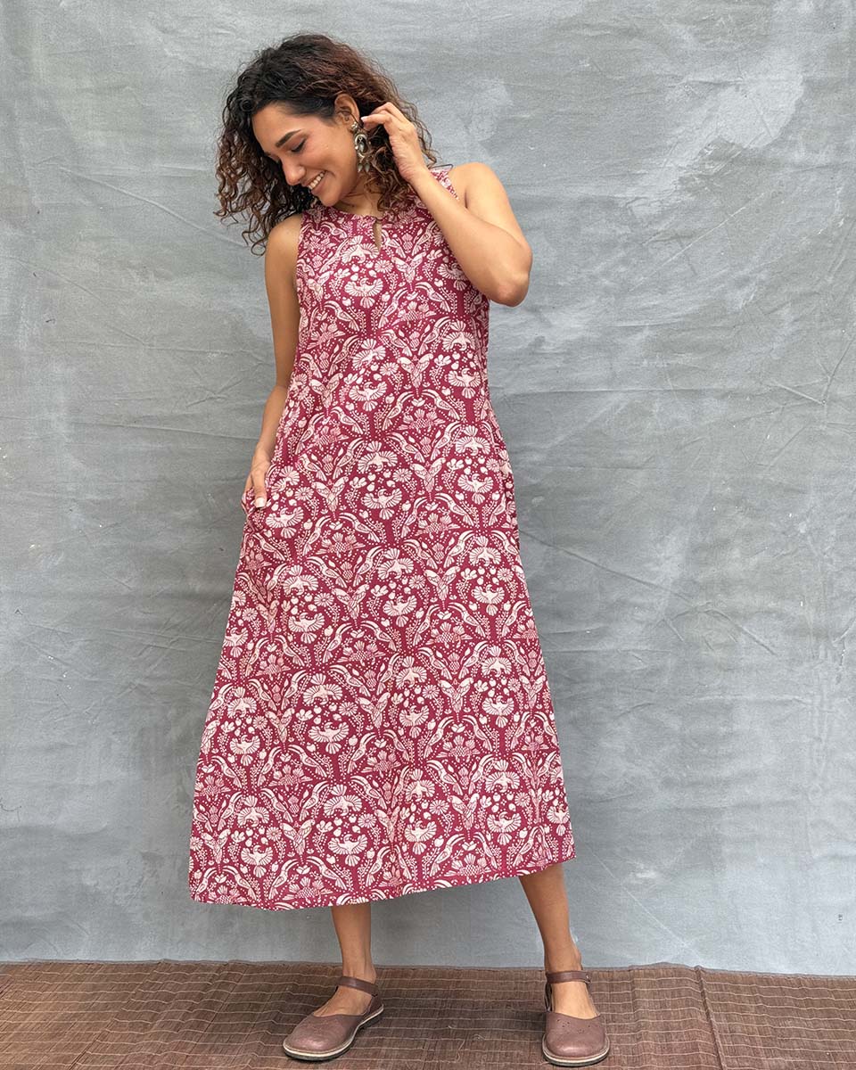 Feathered Grace Blockprinted Cotton Dress