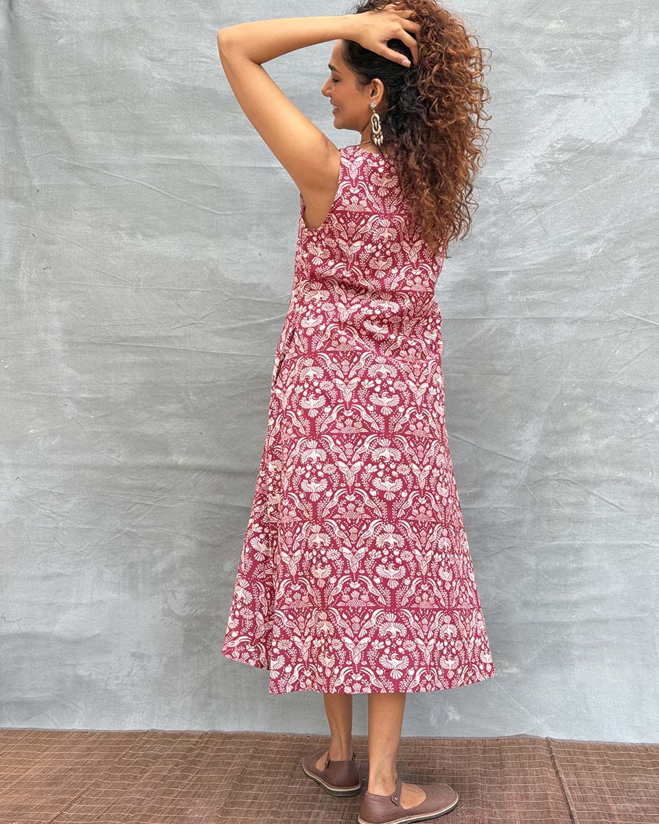 Feathered Grace Blockprinted Cotton Dress