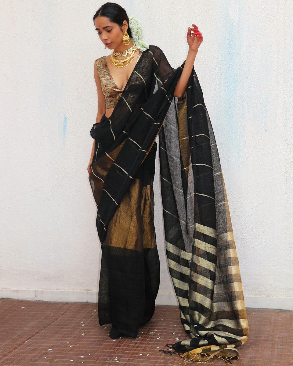 Mrinmoyee Handwoven Linen Zari Saree