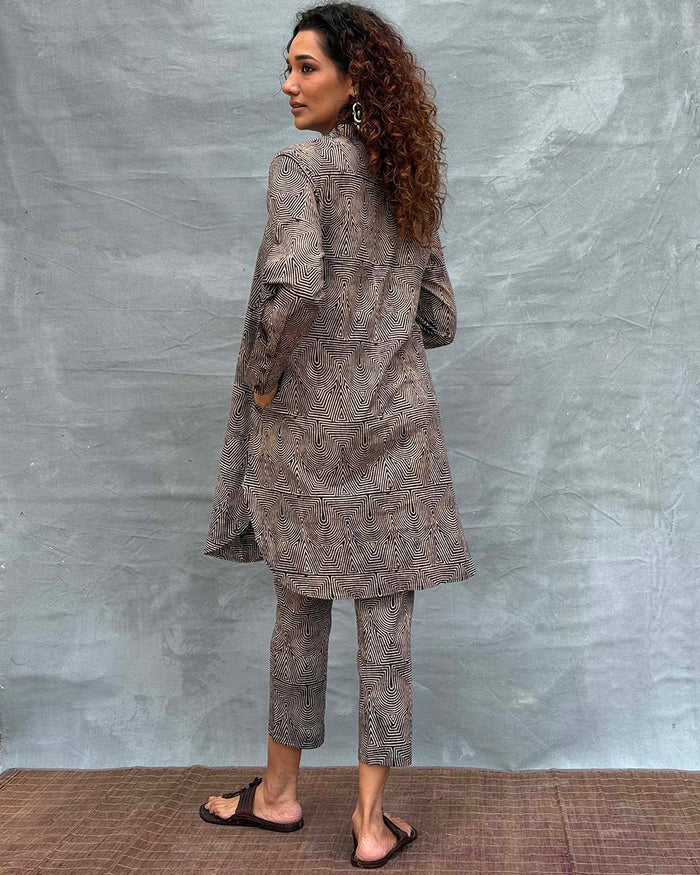 Black leaf motif printed A-line kurta set
