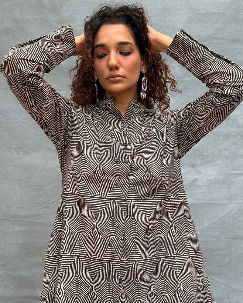 Black leaf motif printed A-line kurta set main image 1