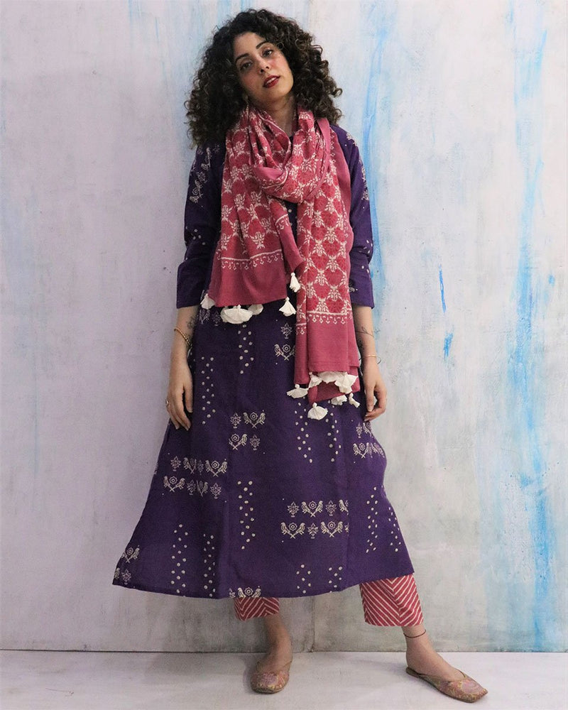 Purple & Pink Block Print Cotton Kurta Set