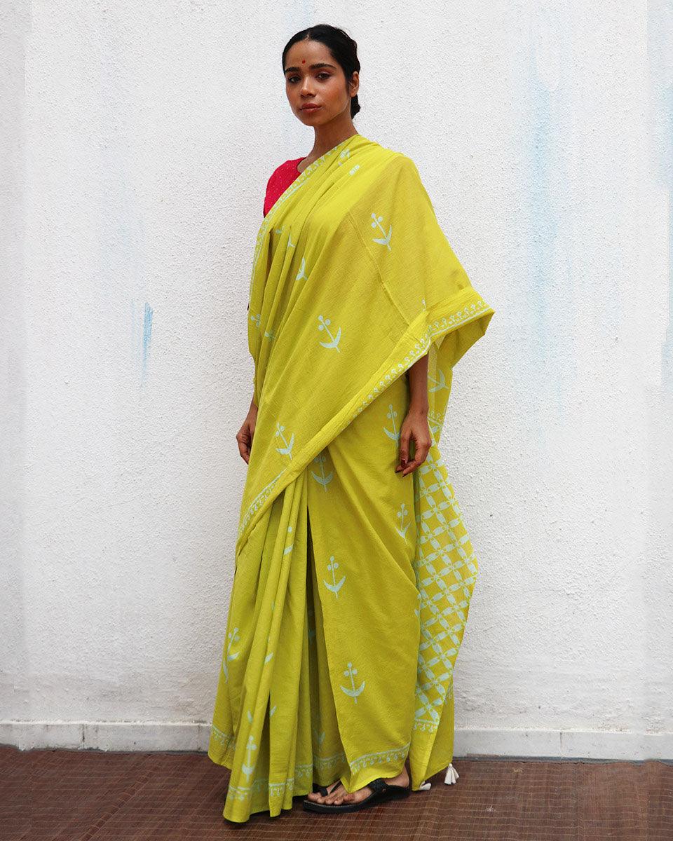 Lady Marmalade Green Handblock Printed Cotton Saree