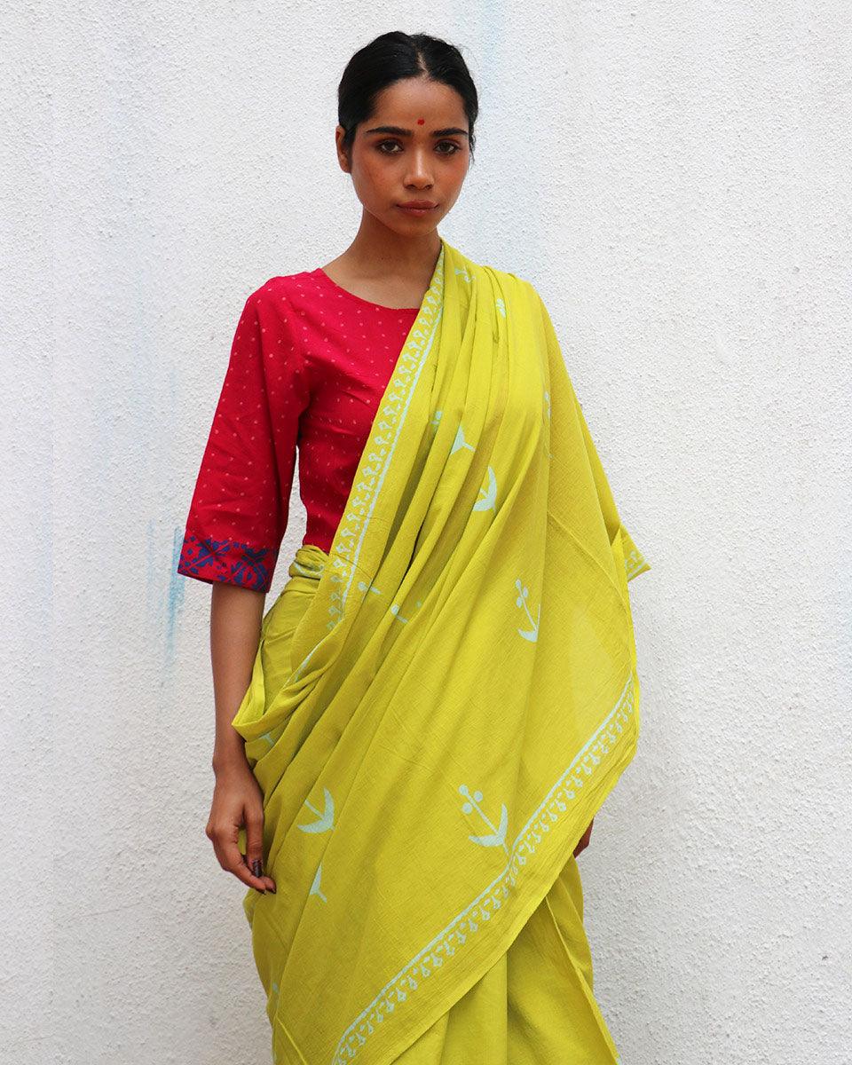 Lady Marmalade Green Handblock Printed Cotton Saree