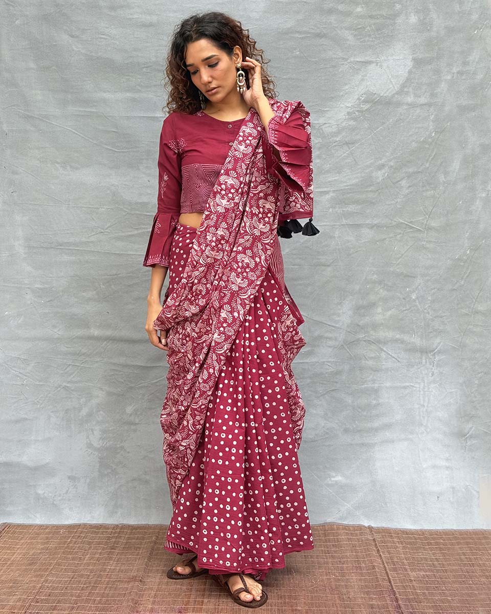 Moonlight Blockprinted Cotton Saree - Soil