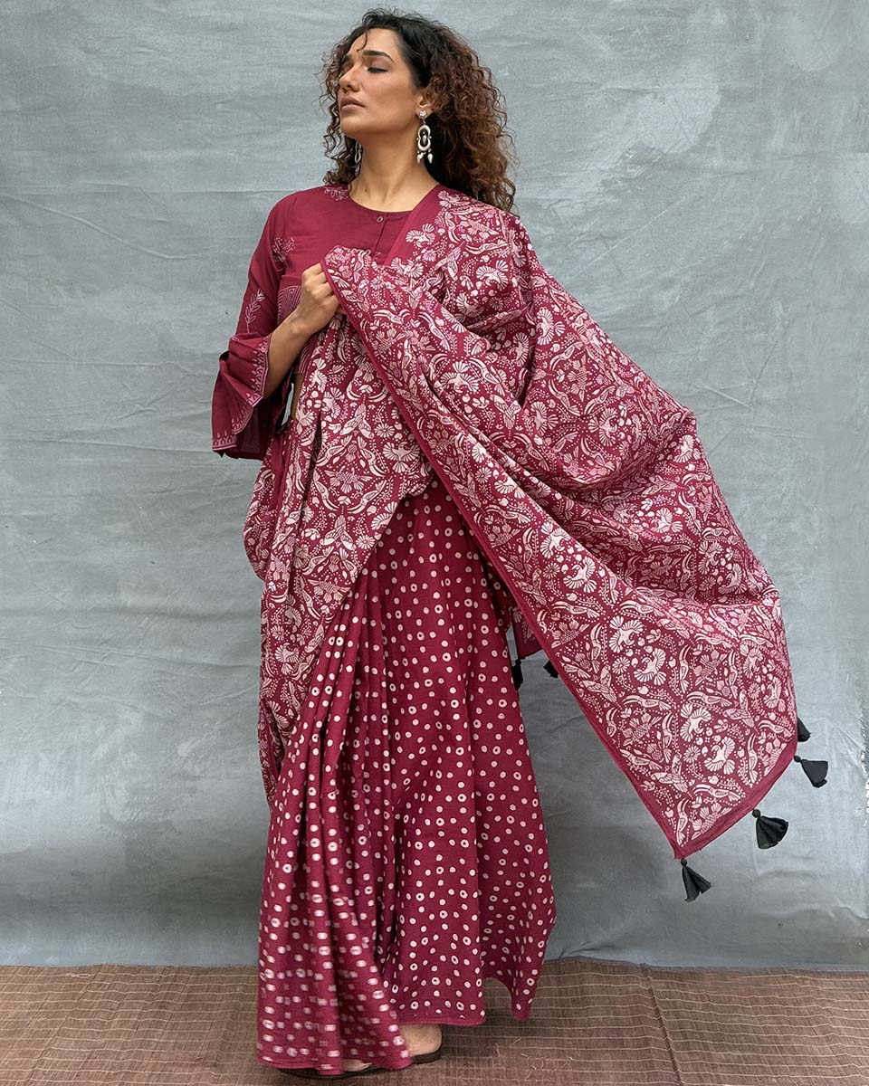 Moonlight Blockprinted Cotton Saree - Soil