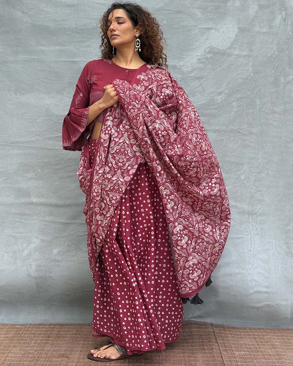 Moonlight Blockprinted Cotton Saree - Soil