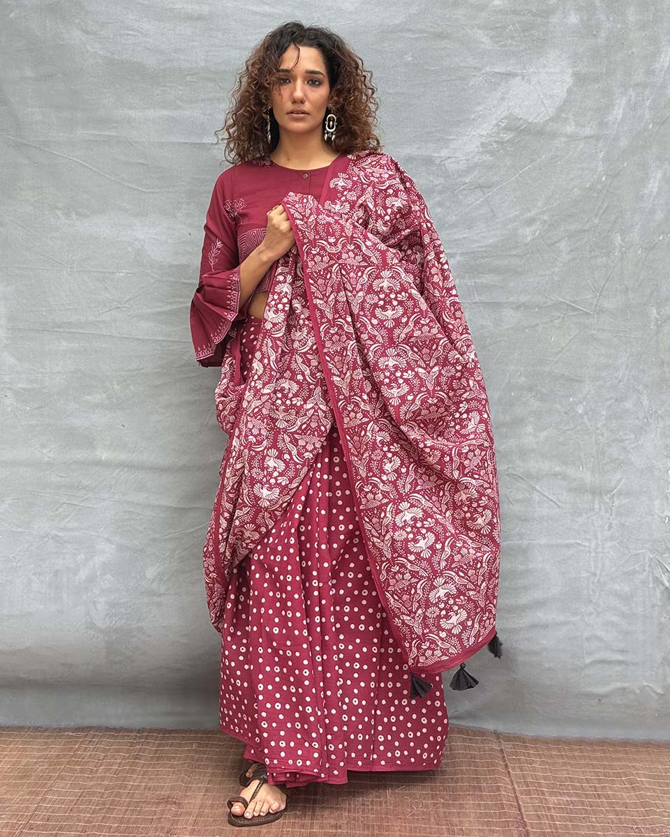 Moonlight Blockprinted Cotton Saree - Soil