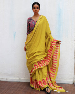 Buy Yellow Handblock Printed Cotton Saree | Cotton Sarees