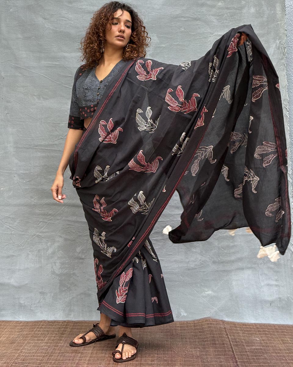 Raindrop Blockprinted Cotton Saree