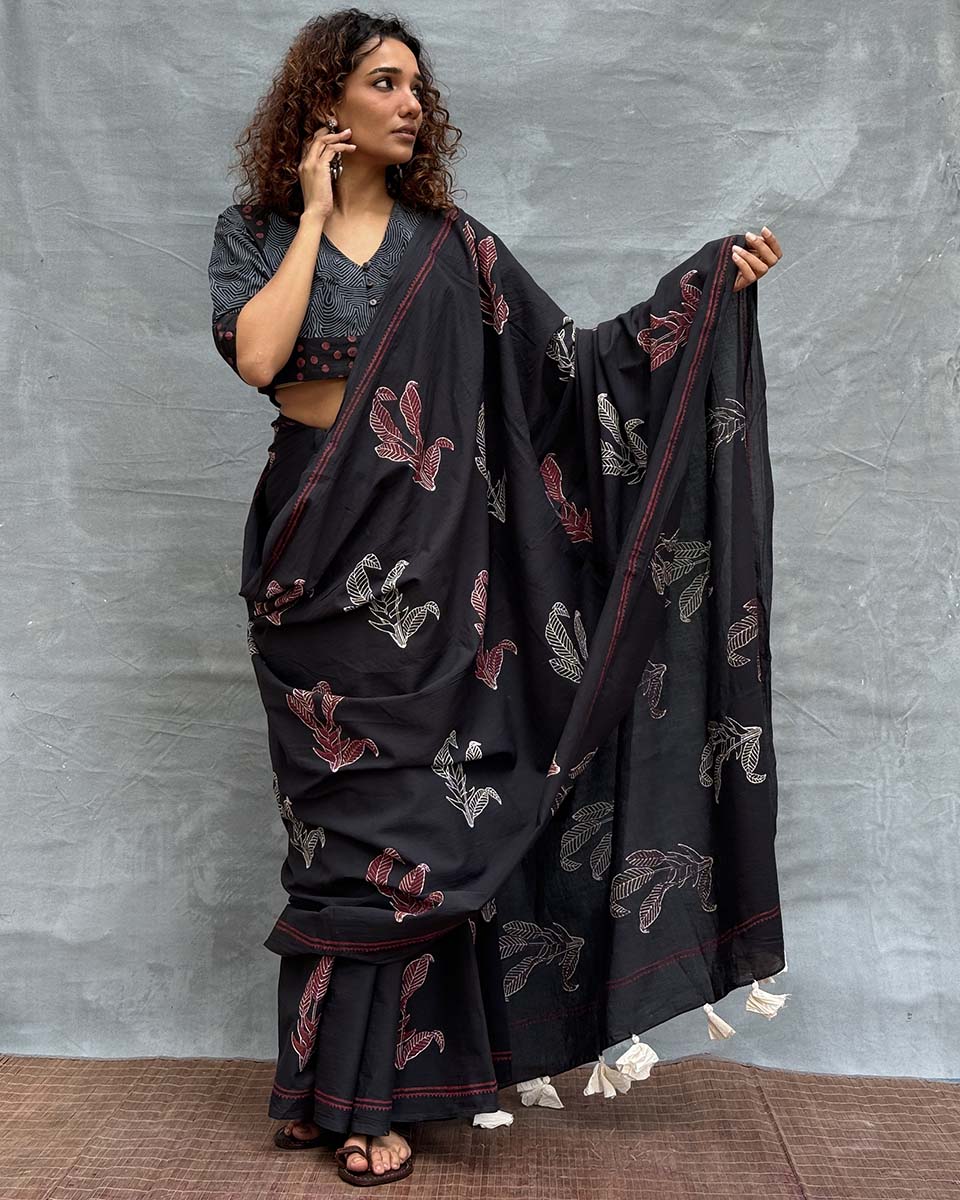 Raindrop Blockprinted Cotton Saree