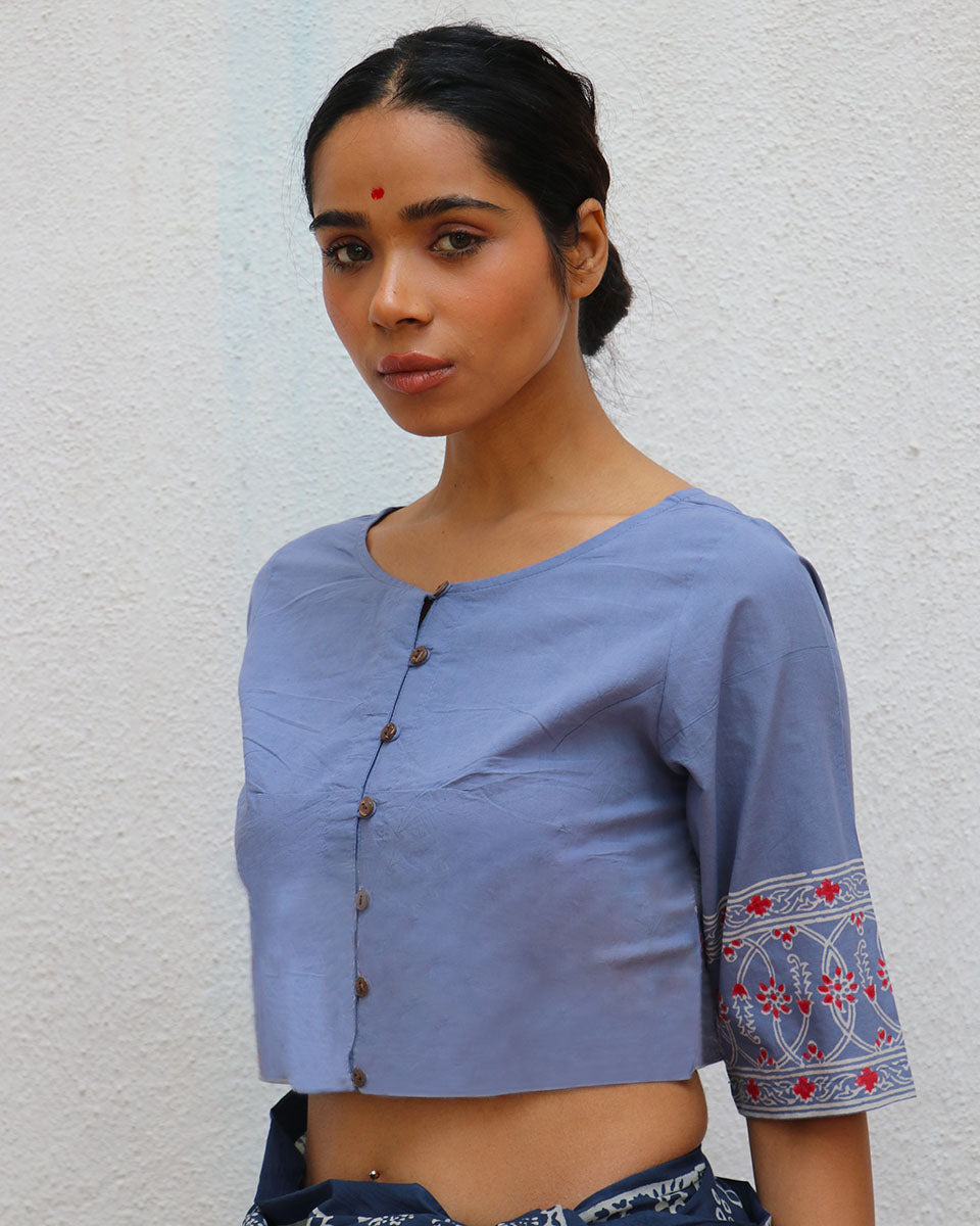 Petals in Fall Handblock Printed Cotton Crop Top Blouse