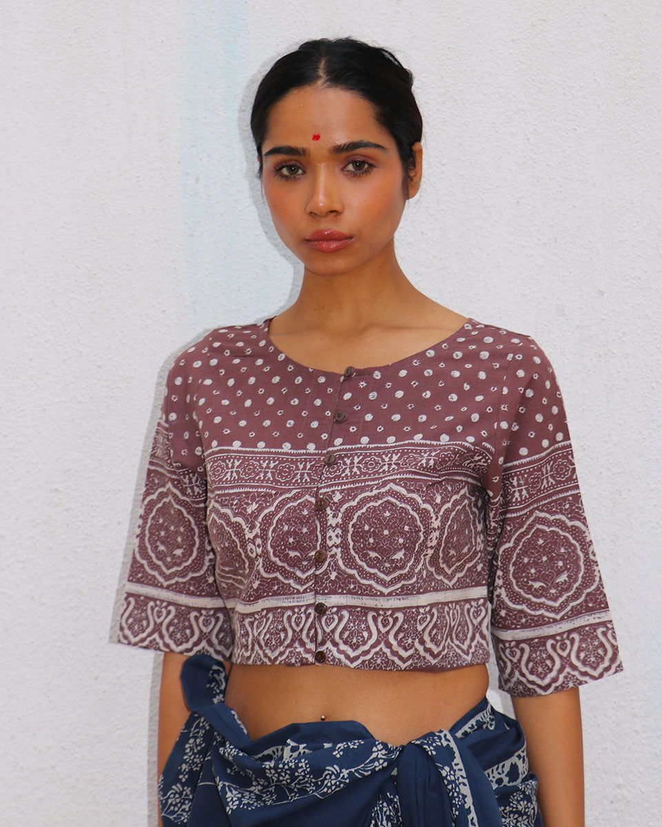 Bourbon Handblock Printed Cotton Crop Top Blouse