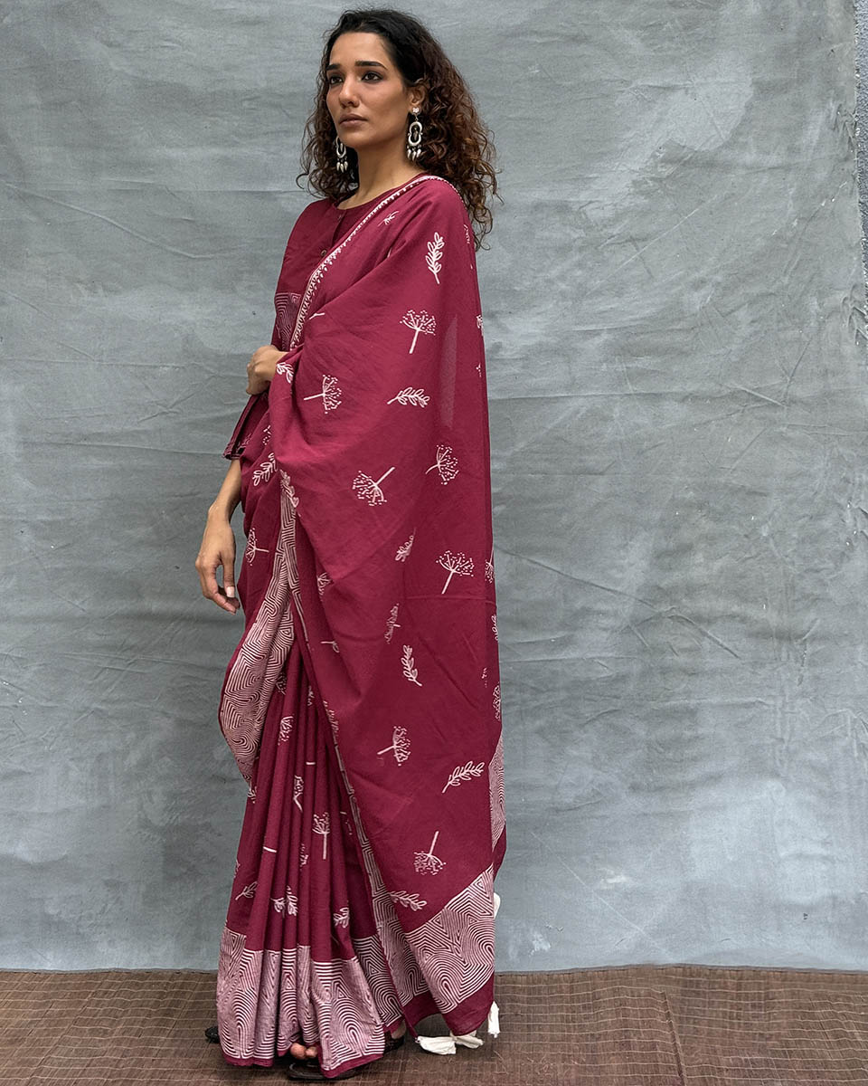 Wings over Waters Blockprinted Cotton Saree - Soil