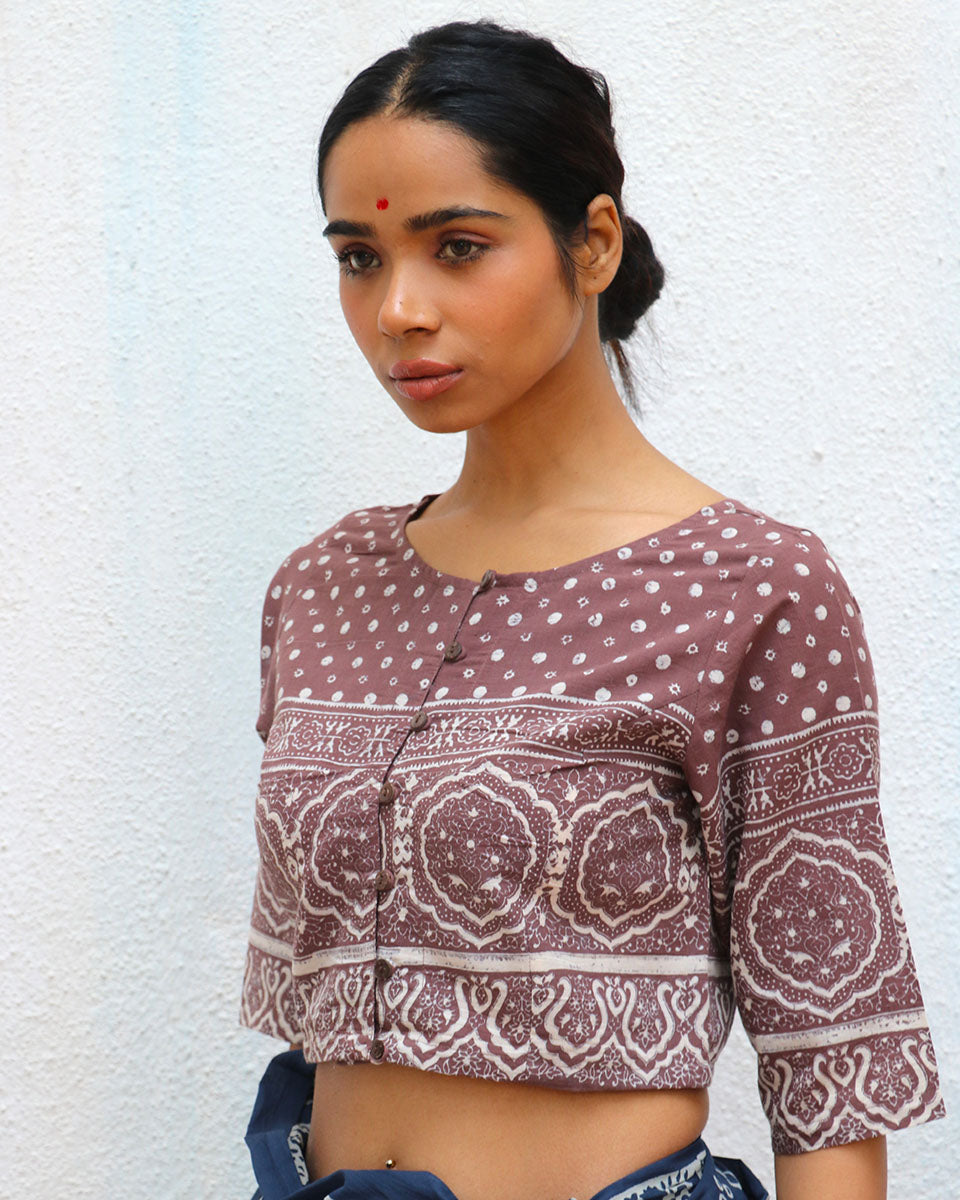 Bourbon Handblock Printed Cotton Crop Top Blouse