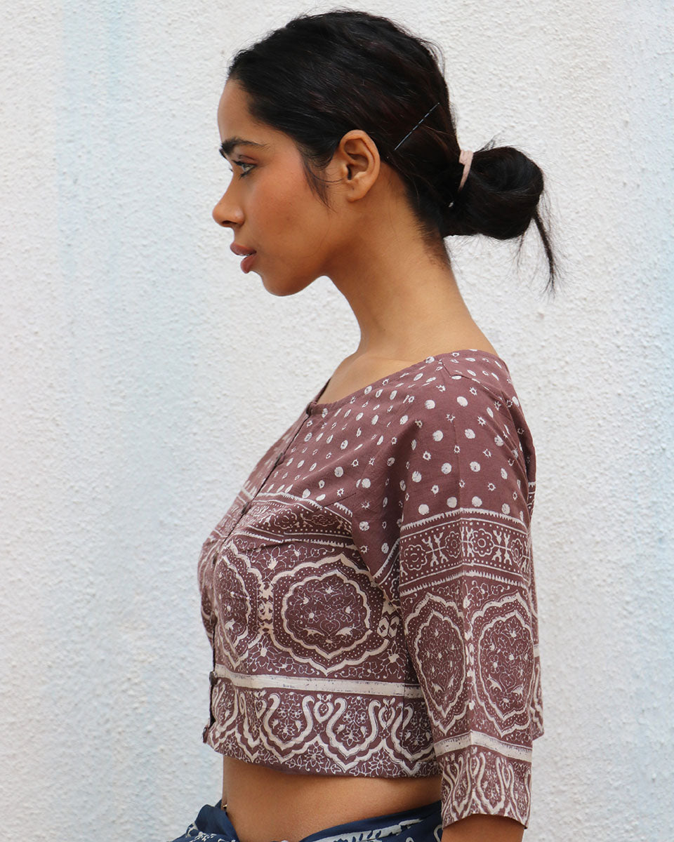 Bourbon Handblock Printed Cotton Crop Top Blouse