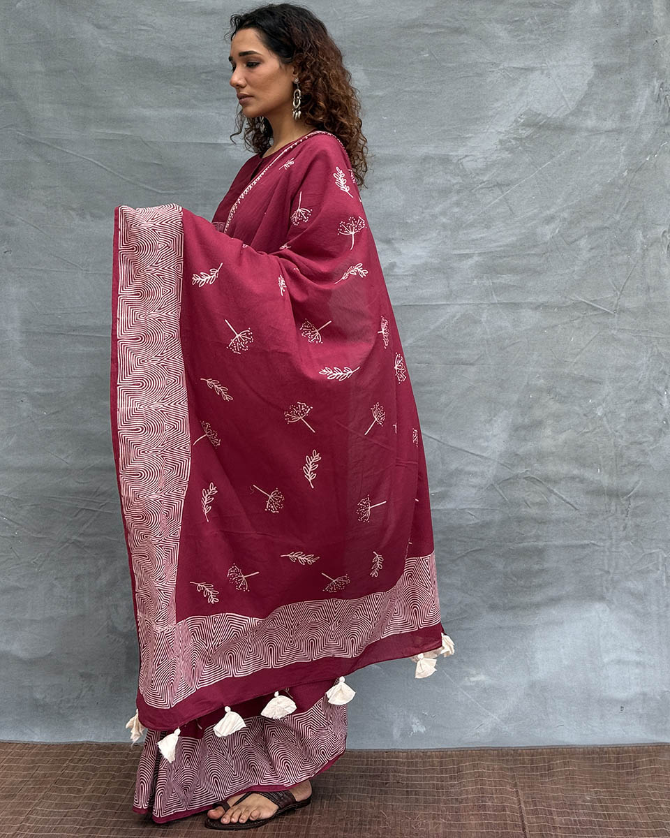 Wings over Waters Blockprinted Cotton Saree - Soil