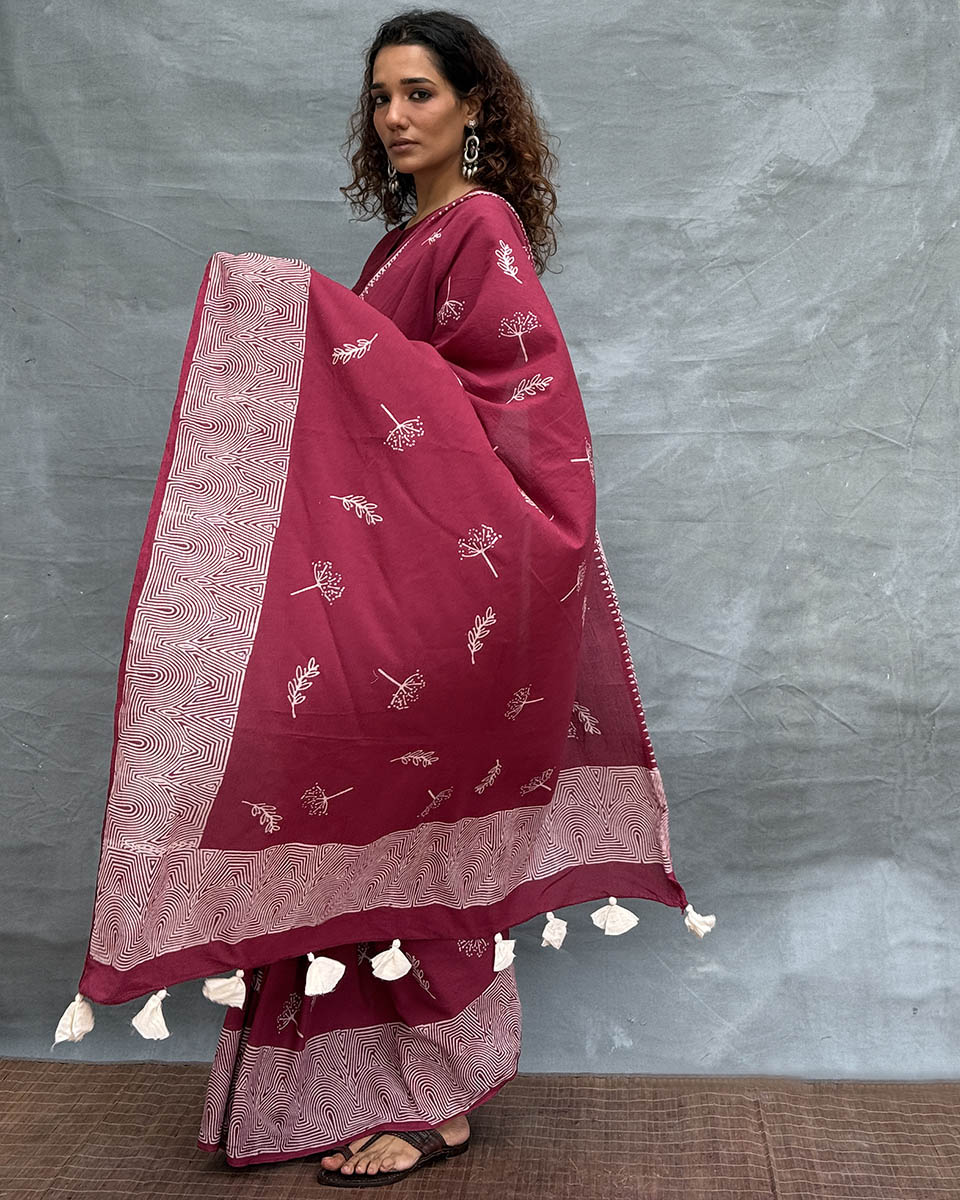 Wings over Waters Blockprinted Cotton Saree - Soil