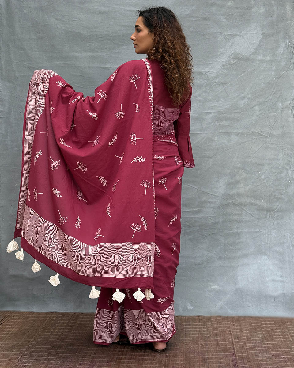 Wings over Waters Blockprinted Cotton Saree - Soil