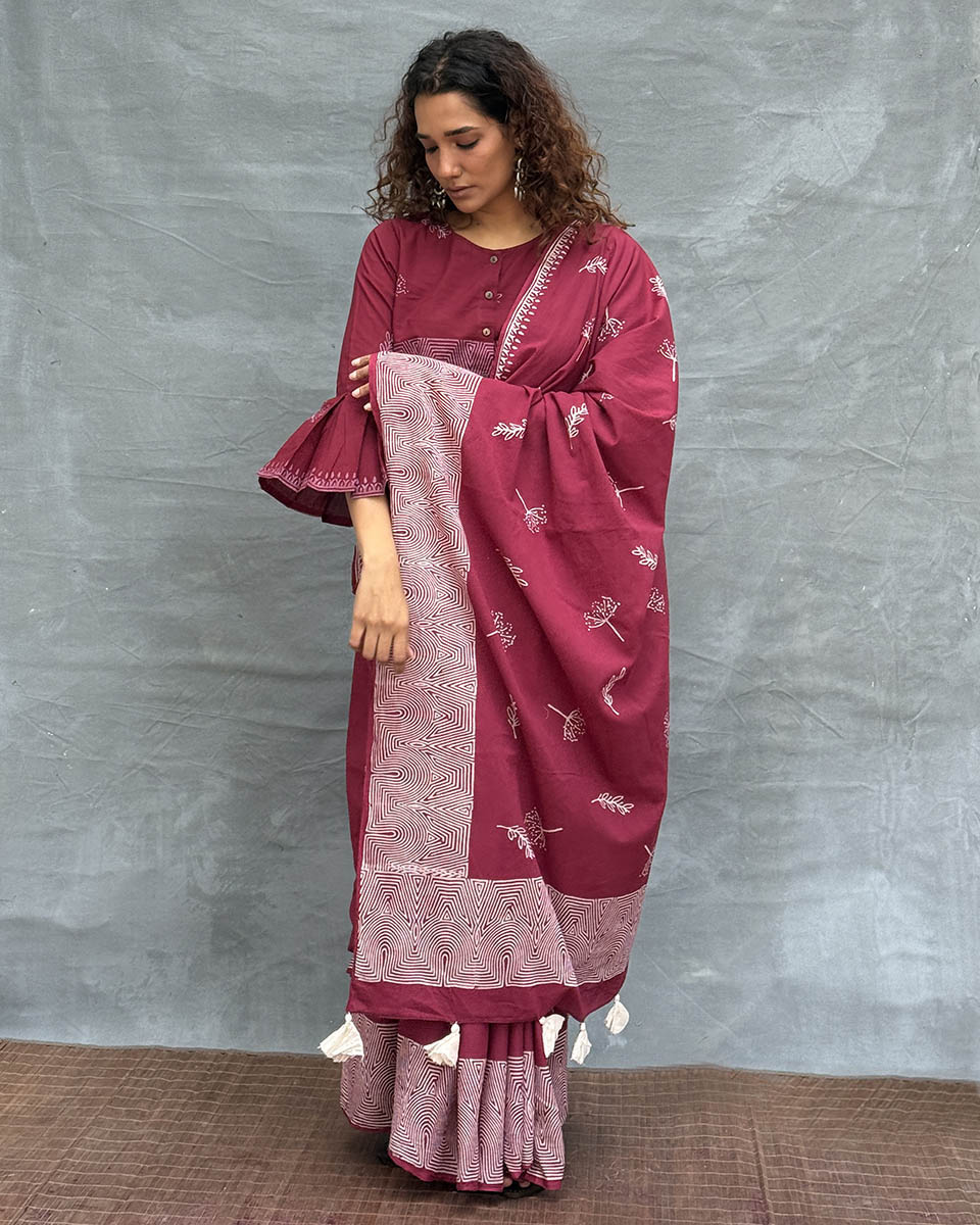 Wings over Waters Blockprinted Cotton Saree - Soil