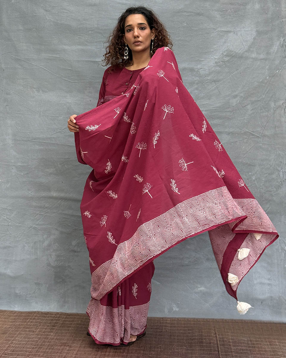 Wings over Waters Blockprinted Cotton Saree - Soil