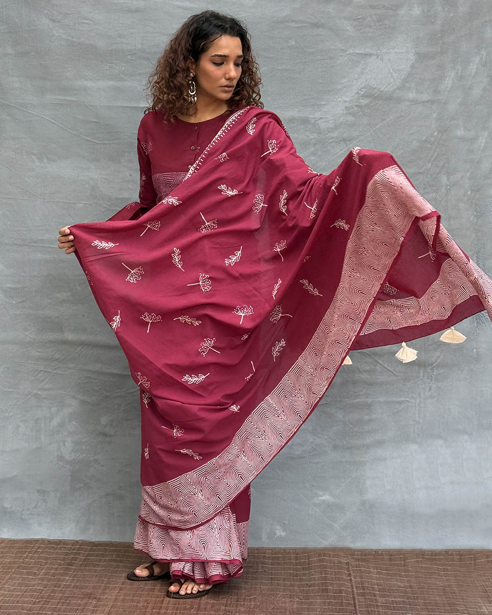 Wings over Waters Blockprinted Cotton Saree - Soil