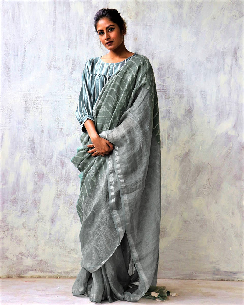 Stone Grey Blockprinted Handwoven Linen Zari Saree - Anant