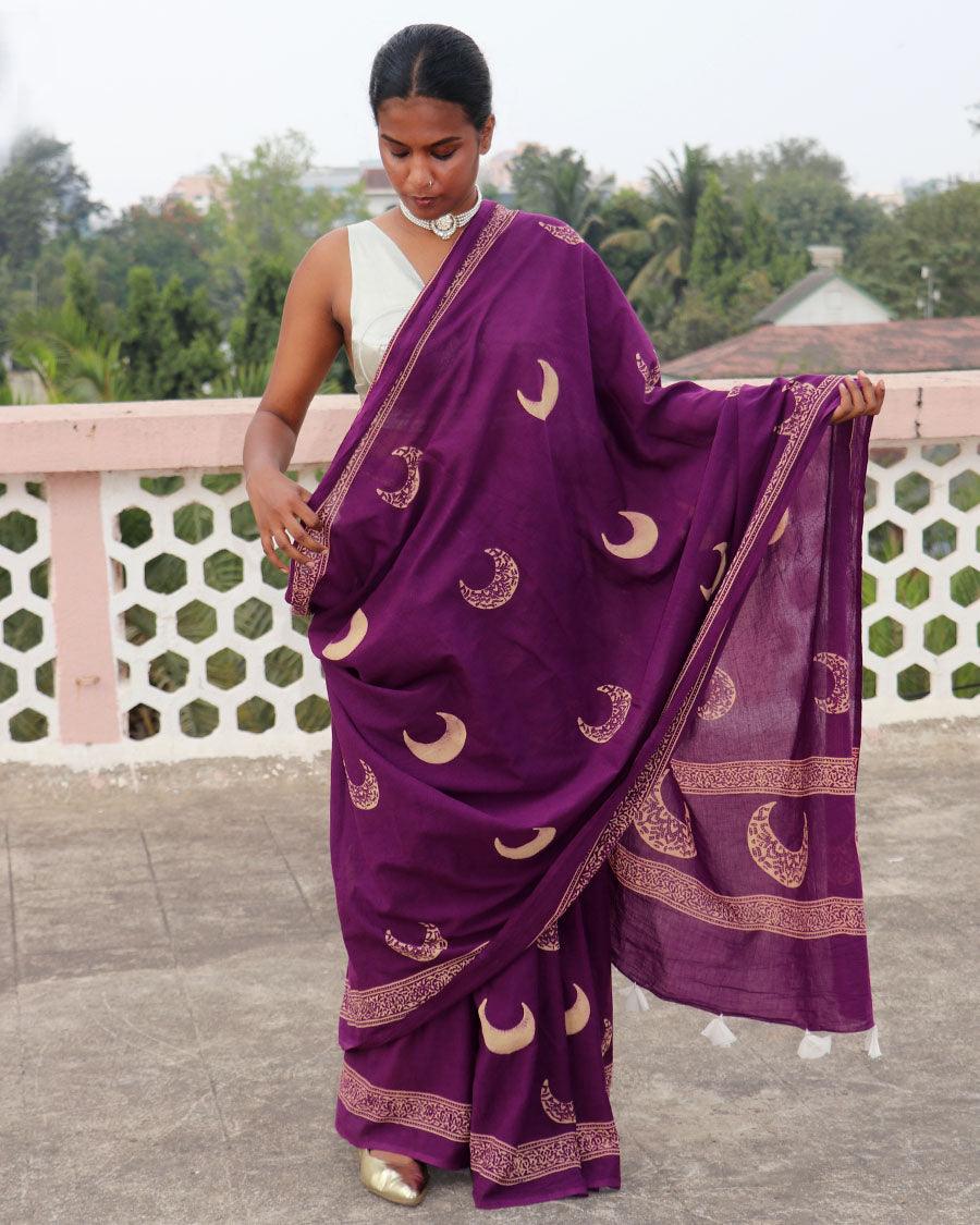 Purple Moon Handblock Printed Cotton Saree