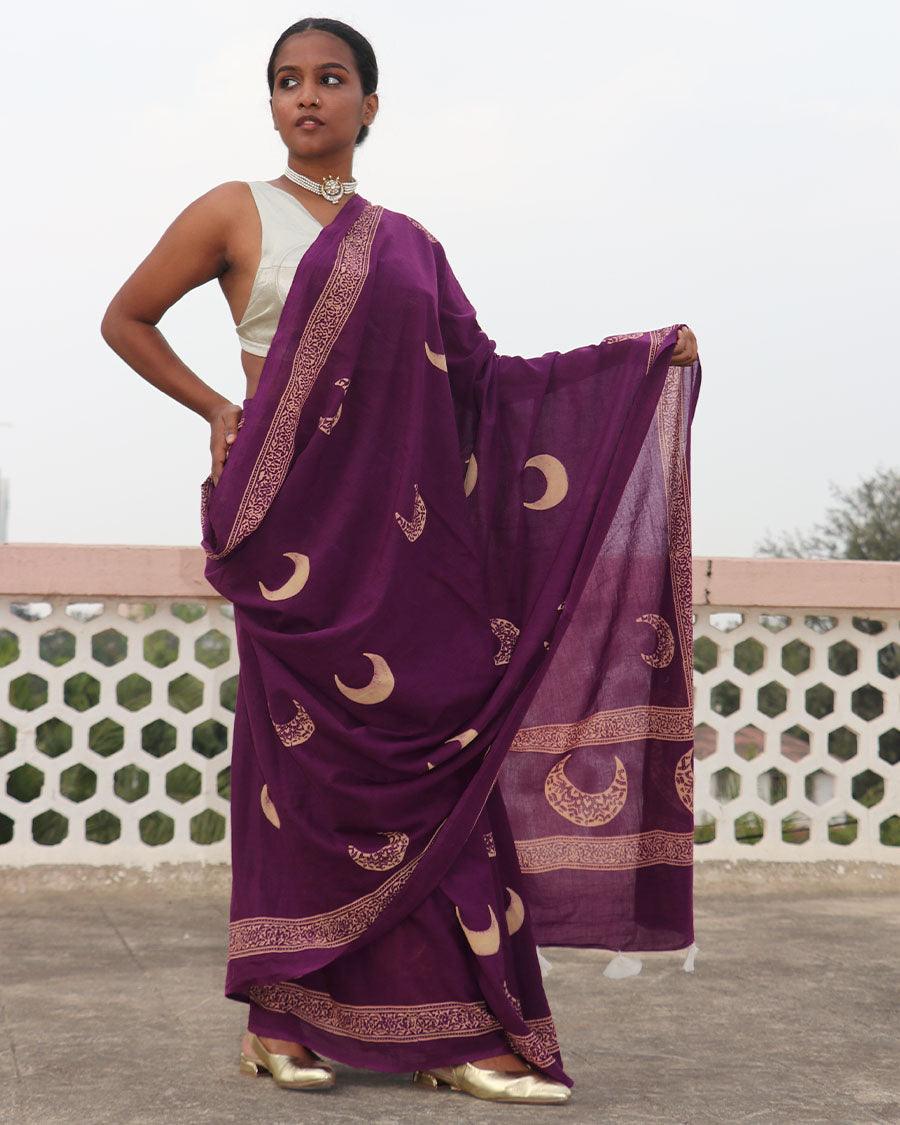 Purple Moon Handblock Printed Cotton Saree