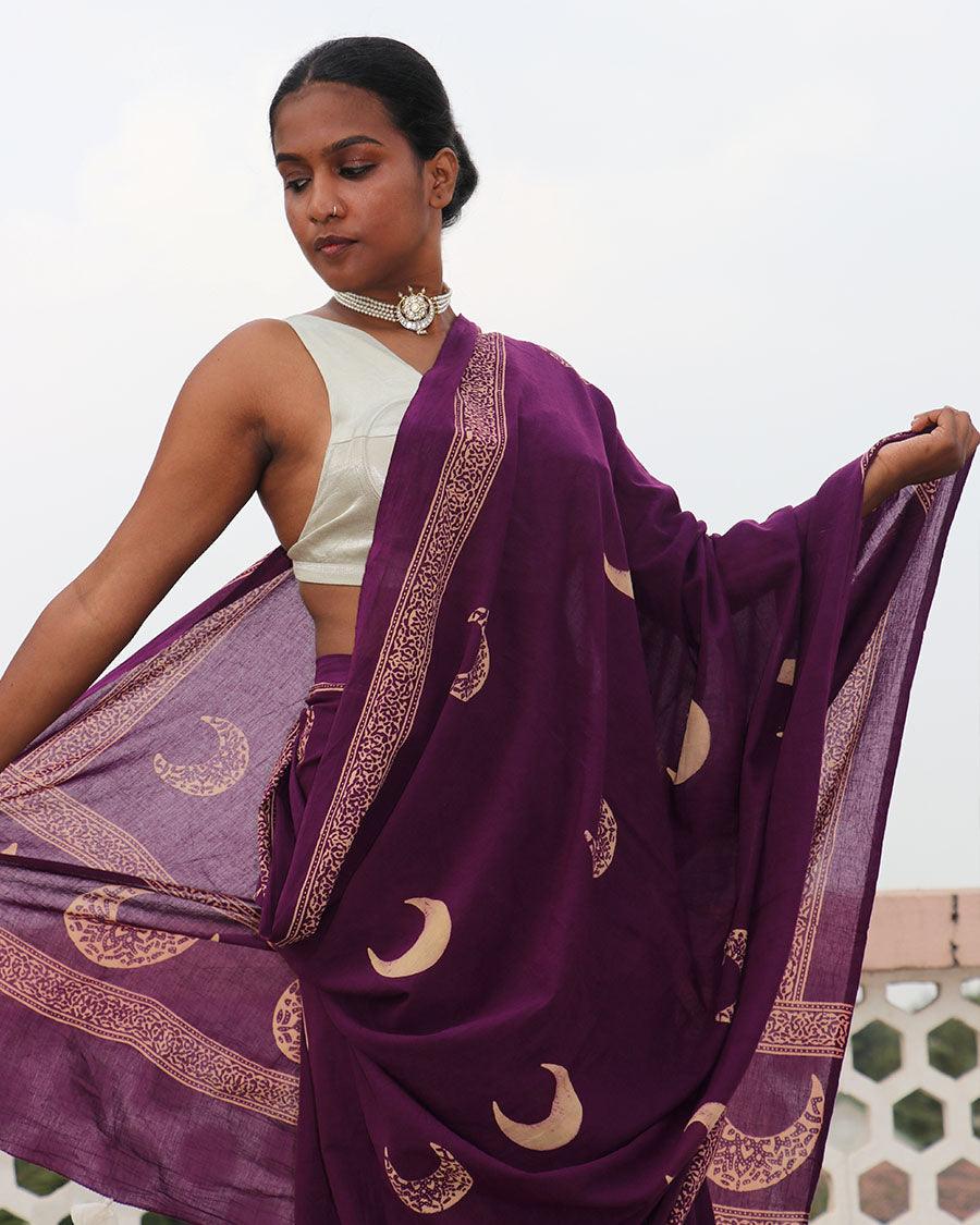 Purple Moon Handblock Printed Cotton Saree