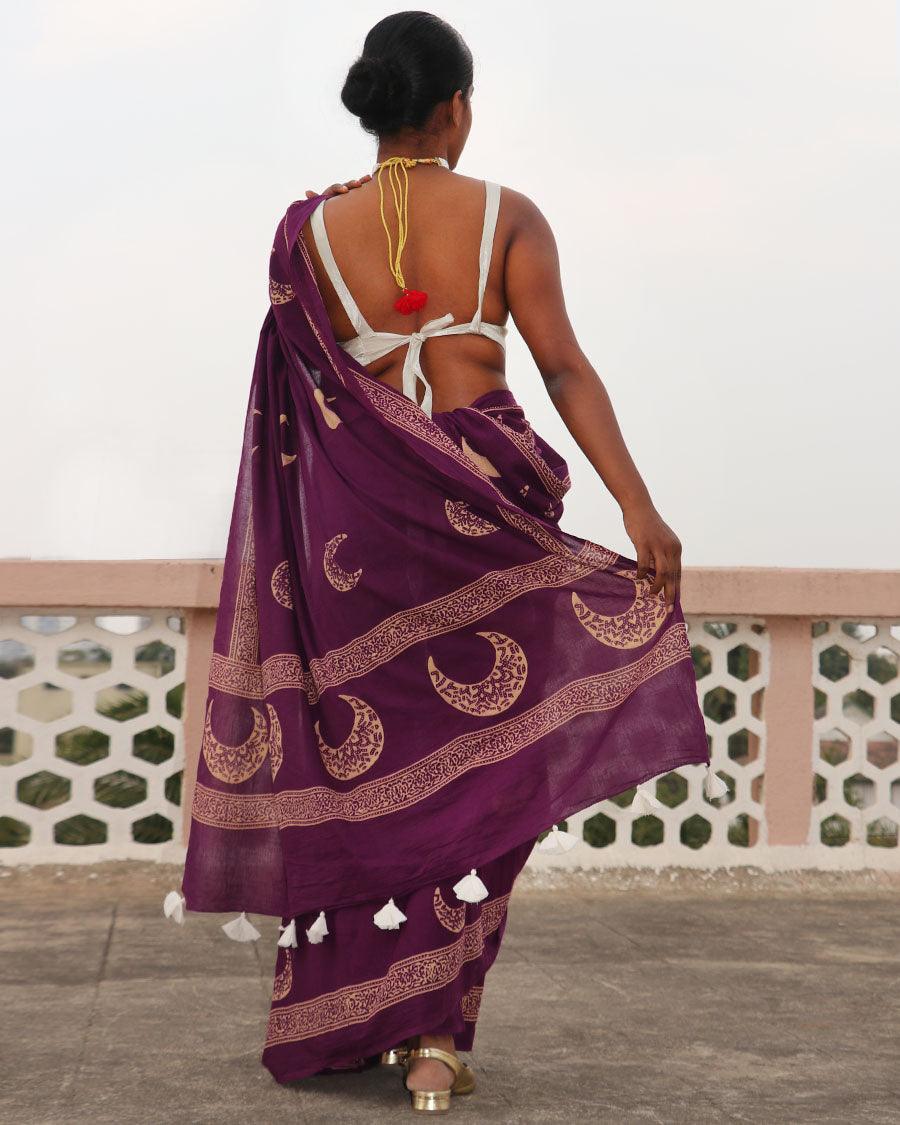 Purple Moon Handblock Printed Cotton Saree