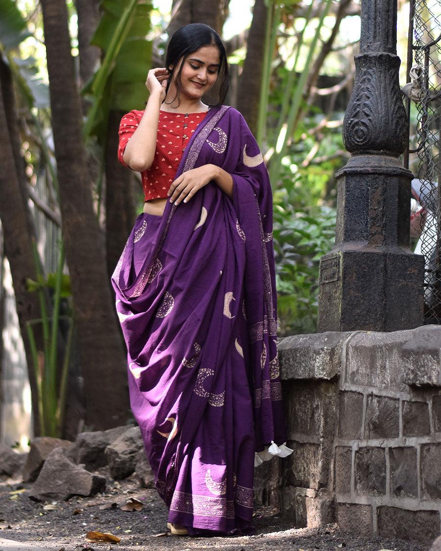 Purple Moon Handblock Printed Cotton Saree