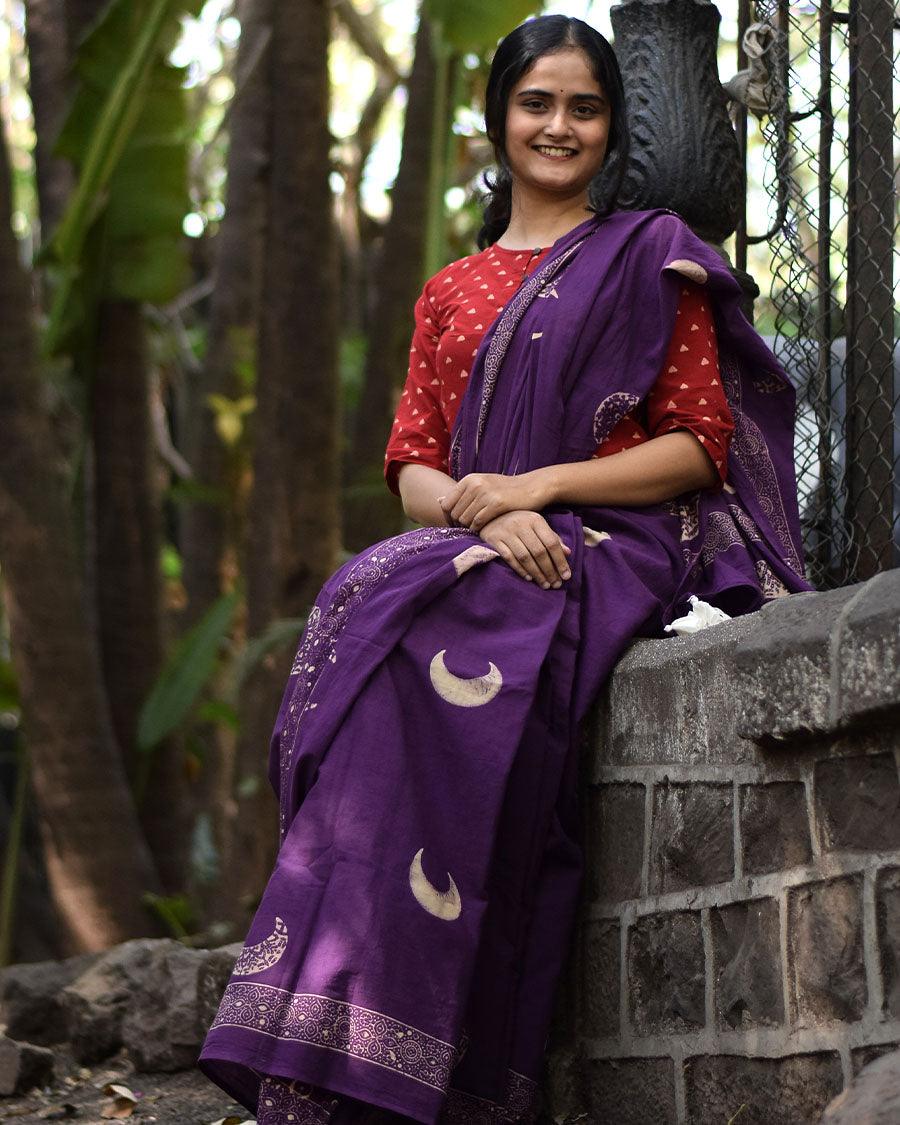 Purple Moon Handblock Printed Cotton Saree