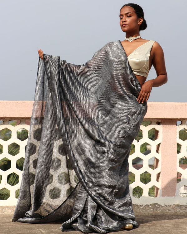 Grey Handwoven Linen Zari Saree - TOG