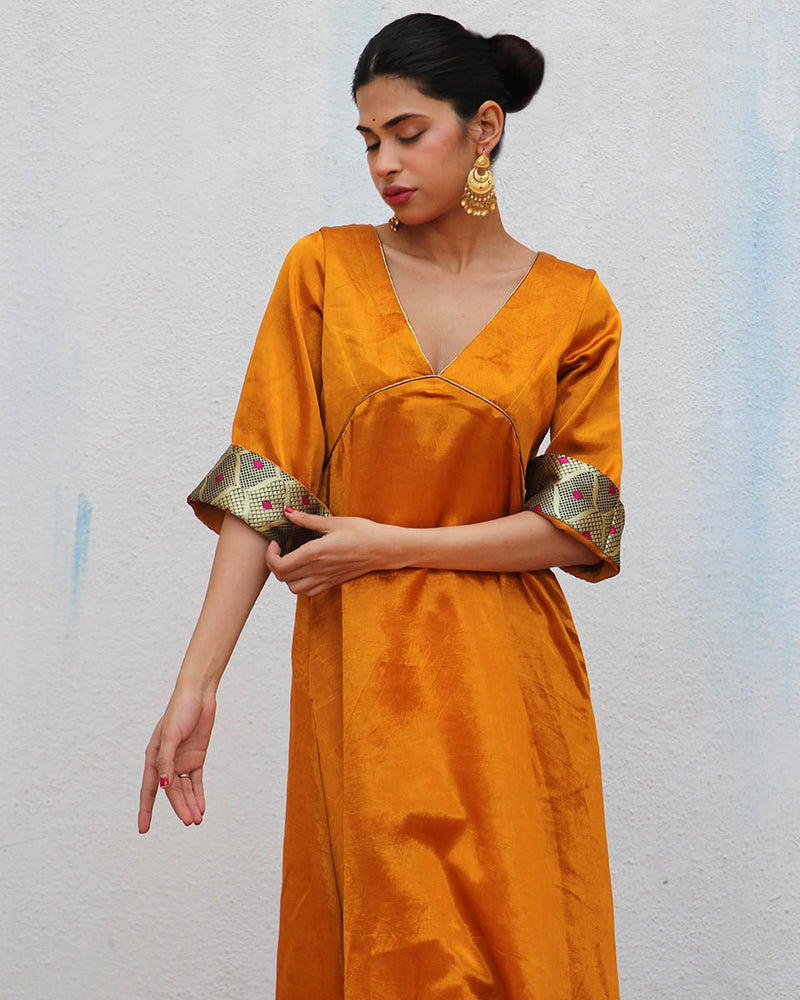 Buy Yellow Gold Color Raw Silk Kurti online in USA