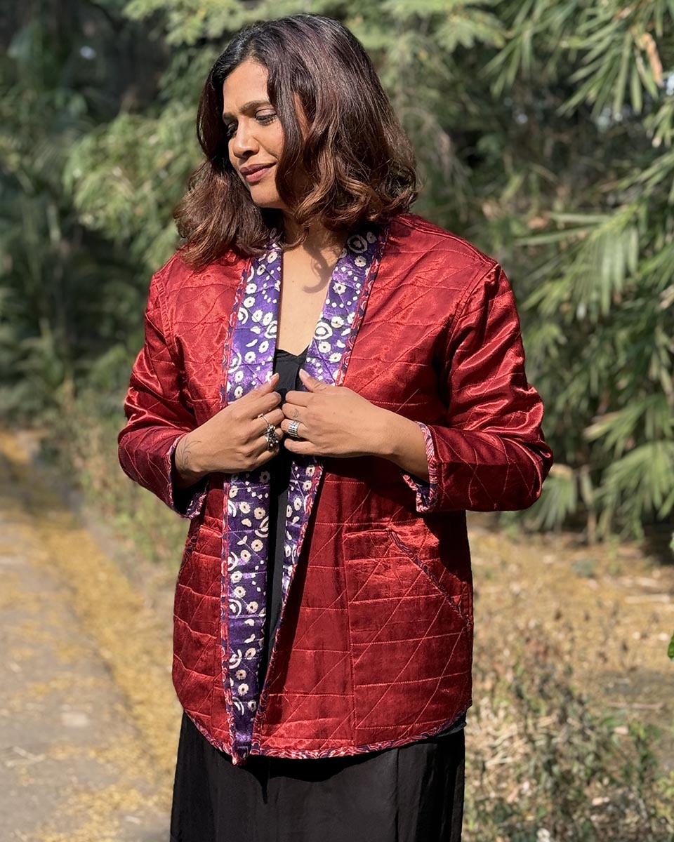 Ambernest Mashru Silk Reversible Quilted Jacket